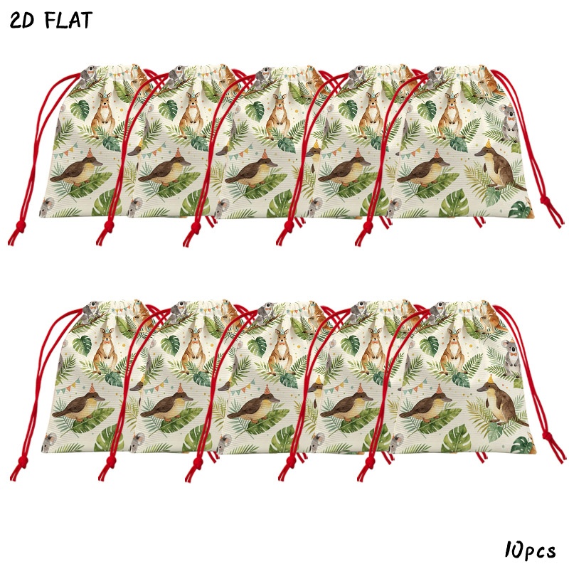 TEMU Watercolor Australian Animal Party Pattern Drawstring Gift Bags, 10pcs Favor Packs With Koala Kangaroo & Tropical Foliage Prints, Lightweight