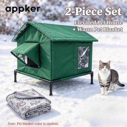 item picture 2pcs large outdoor elevated cat house with soft blanket weatherproof oxford cloth pet shelter suitable for winter thermal draft blocking assembly style suitable for small dogs cats cat shelter