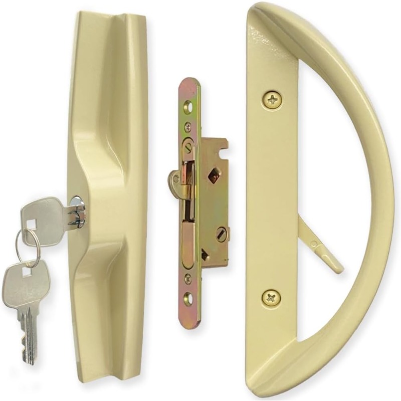 patio sliding door handle set with mortise lock key cylinder and face plate full replacement handle lock set fits door thickness from   to 1 3 4 3 15 16 screw hole   beige