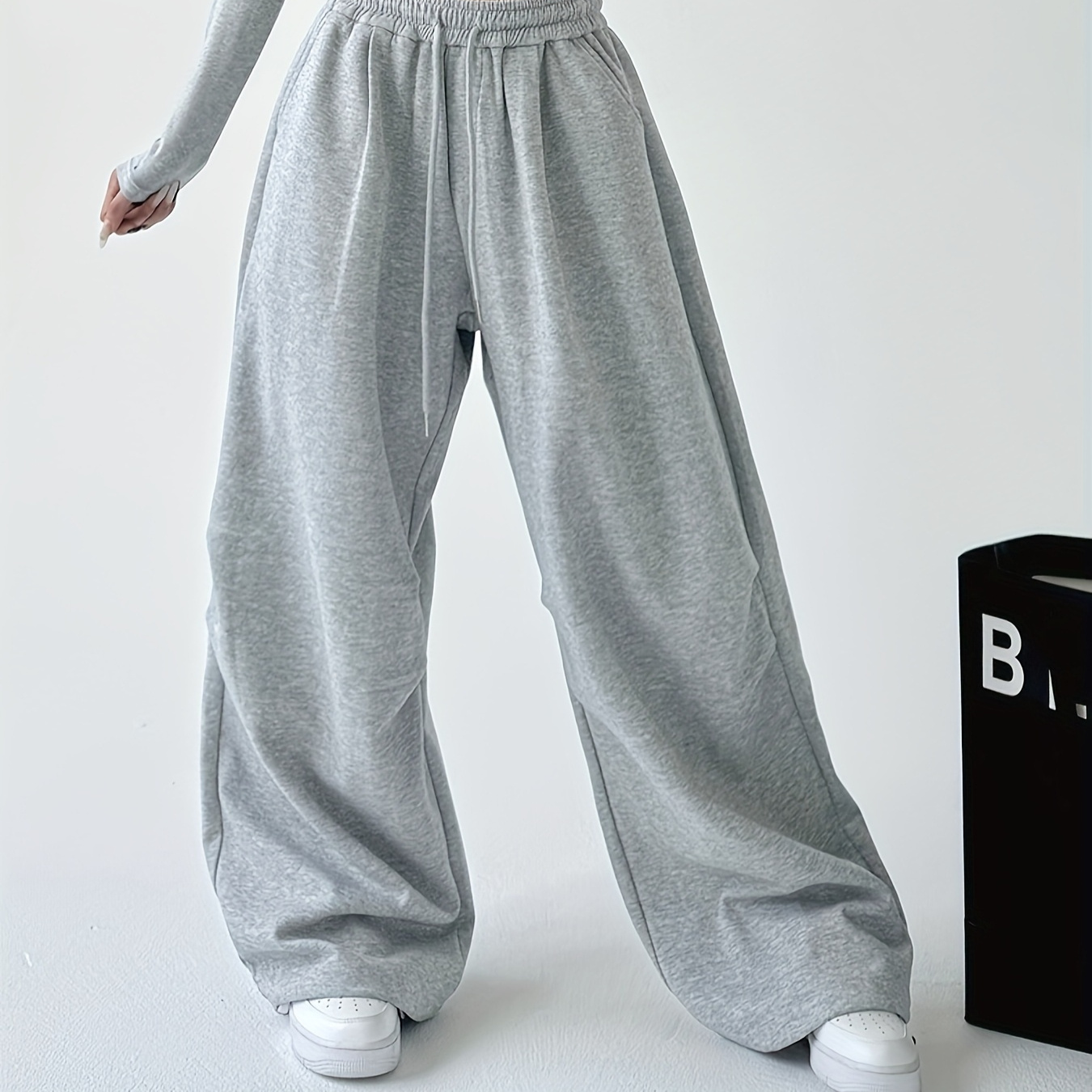 

Women' Gray High-waist Wide Leg Sweatpants - Casual Hip-hop Style, Loose Fit, Polyester, Machine Washable For Fall/winter