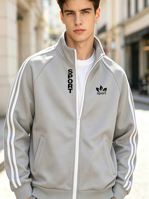 item picture 2026 sweatshirt mens fashion casual jacket easy stand collar design with three parallel stripes on sleeves chest with vertical letter decoration comfortable and versatile style for daily and light sports