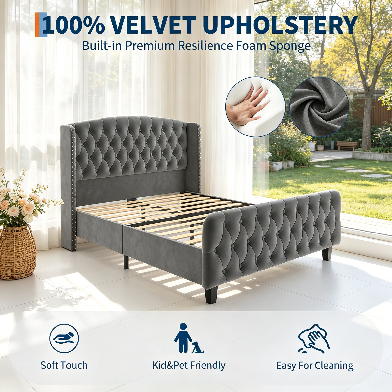 Modern Queen Platform Bed Frame with Wingback Headboard - Cream Beige Suede Upholstery, Deep Button Tufted, Sturdy Slats & Noise-Free Base, No Box Spring Required, Easy Assembly Suitable for Luxury Bedroom Furniture