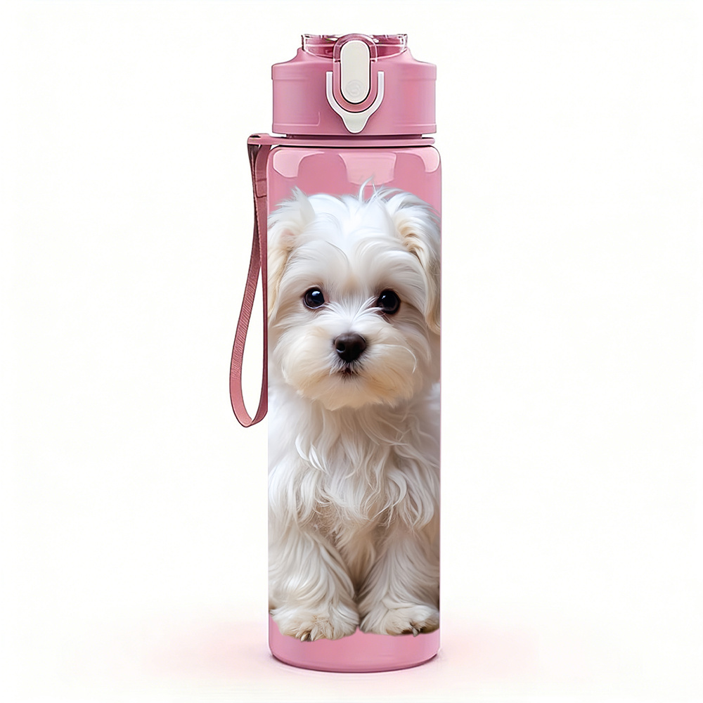 TEMU 1pc White Maltese Puppy Pattern 750ml Multicolor Plastic Sports Water Bottle, Leak-proof Pop-up Lid, Suitable For Outdoor Activities, Running,