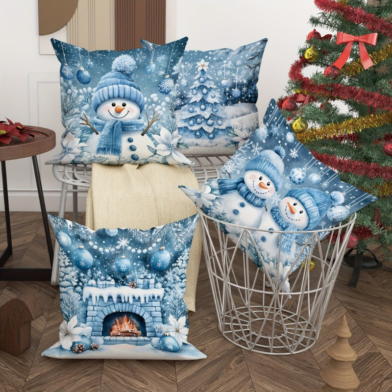 

4- Christmas Cushion Covers, 17.7x17.7 , Snowman & Fireplace , Pillowcases, , , , , Washable For Sofa, Bed, , , Car Decor