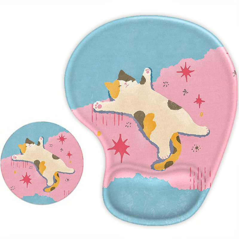 TEMU Wrist Support Mouse Pad With An , Featuring A Coaster Set And A Cat Motif, Ideal For Use At Home, School, Or