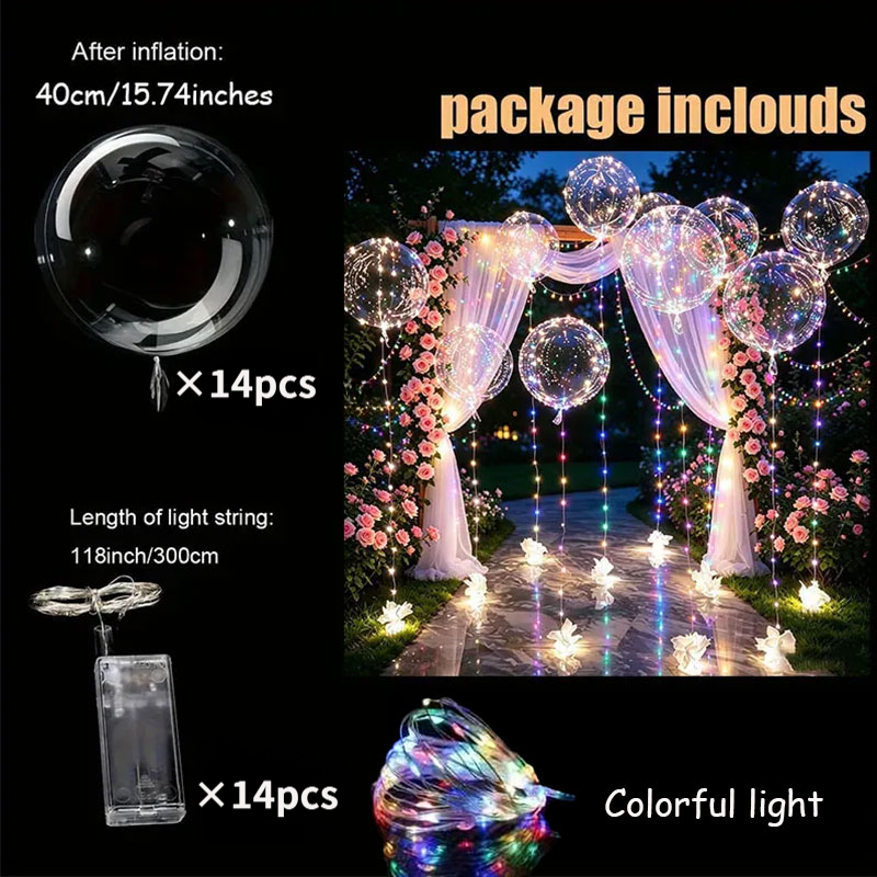 TEMU Kit de ballons Bobo à LED, 28 pièces, 14 ballons et 14 guirlandes lumineuses de 118 pouces, ballons à bulles alimentés par des piles AA (piles