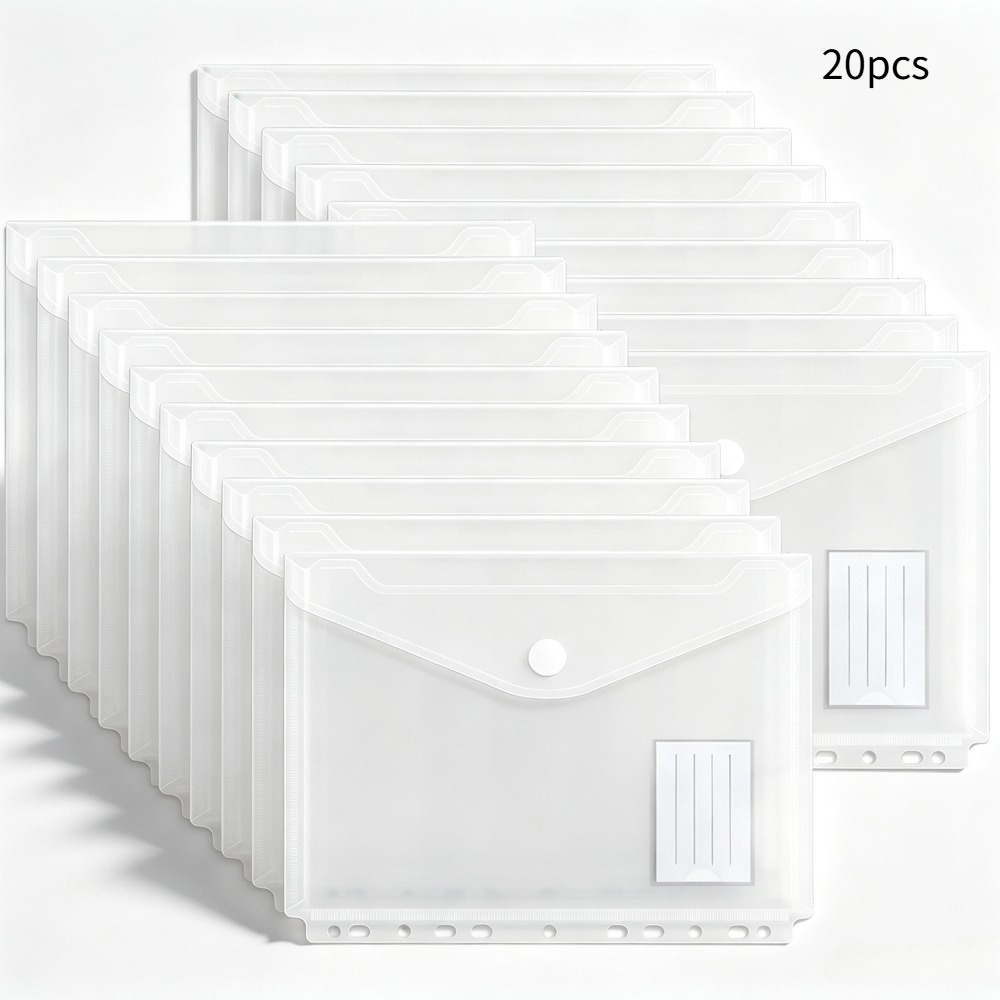 TEMU ARXR Lot de 20 pochettes de classeur en polyéthylène transparent à 11 trous, enveloppes en plastique à fermeture à bouton-pression avec fenêtre