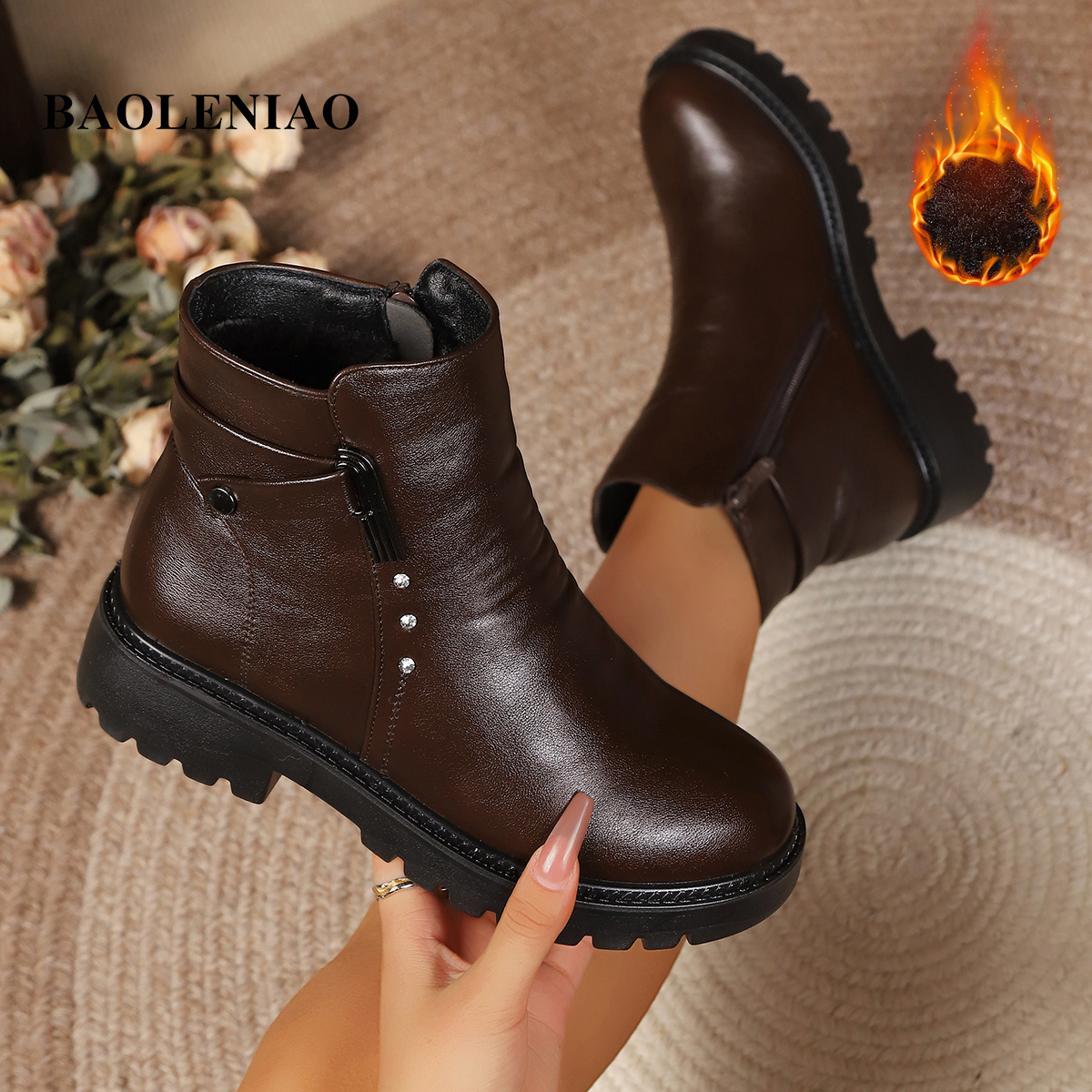 baoleniao new fleece thickened short boots with thick sole and   convenient side zipper closure   for laces   brown dual colors   low heel thick sole non fatiguing lmeijuan