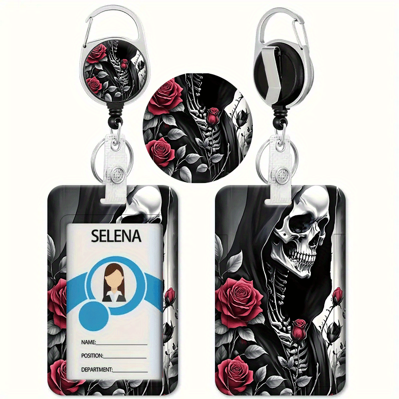 E-shop Schädel-Rosen-Druck in Schwarz mit Schädel- und roter Rosen-Design. Dieser einziehbare Badge-Halter ist geeignet für die Aufbewahrung von