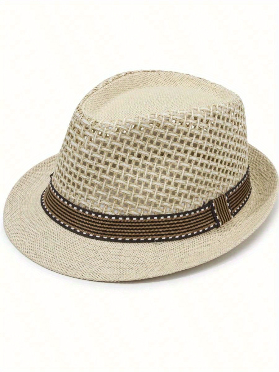 breathable sun cap trilby sun hat outdoor straw fedora hat men retro jazz hat details 0