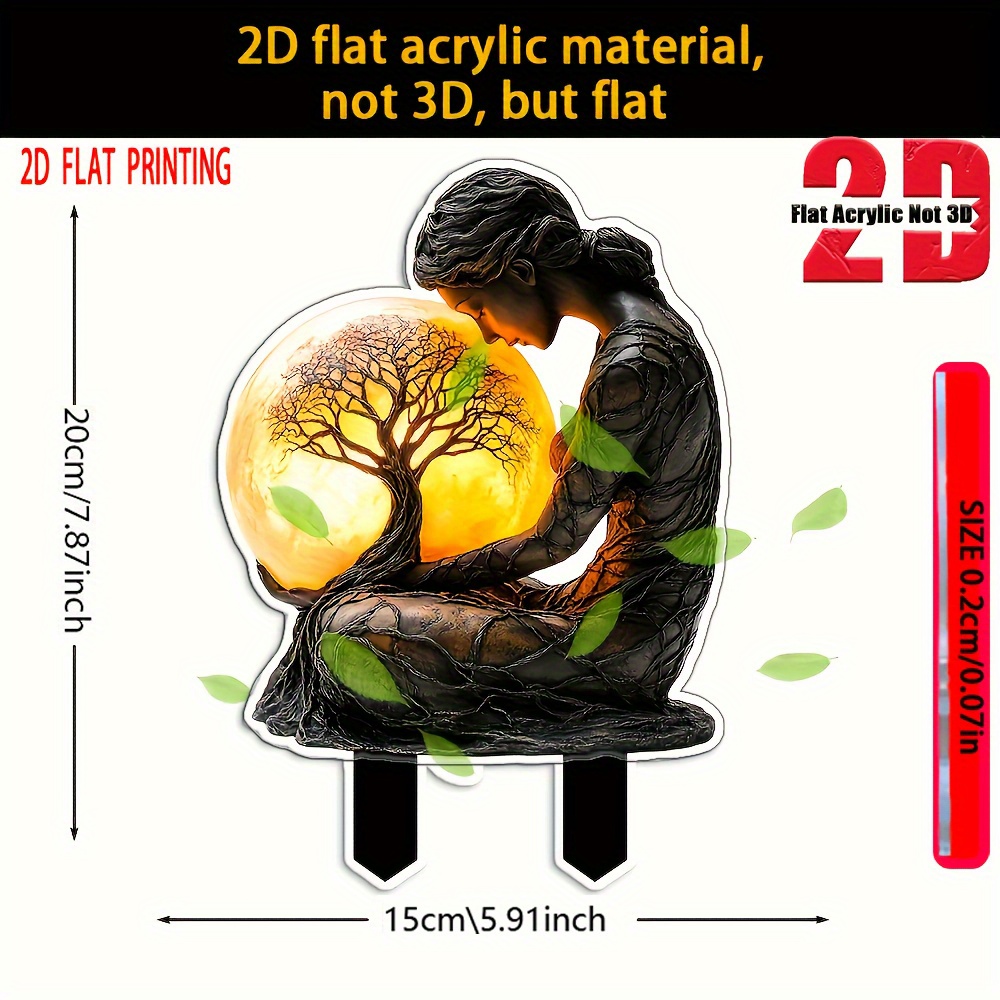 TEMU 2D Plat, 1pièce 2D Plat Piquet de Jardin - Décoration de Pelouse Extérieure avec Figure Féminine Paix et Design d'Arbre, Plastique Résistant aux