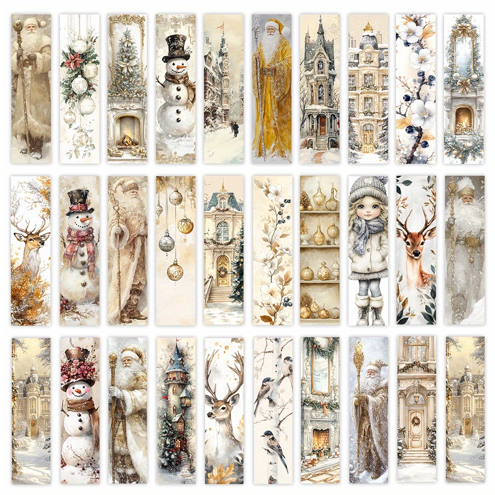 TEMU 32pcs, Golden Christmas Bookmarks, Vintage Noel, Snow, Reindeer, Santa Claus, Non-repetitive Exquisite Bookmarks, Creative Aesthetic Bookmarks
