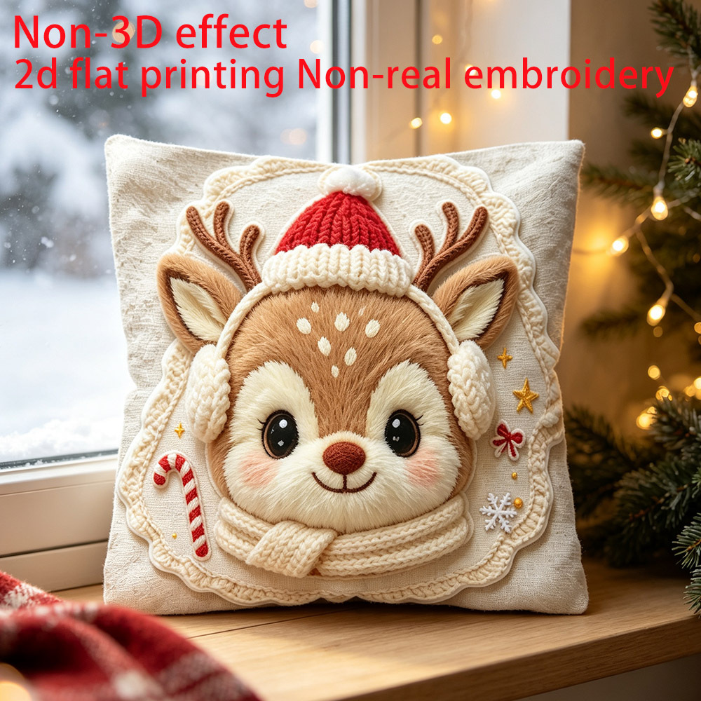 TEMU 2d Flat - 1pc 2d Flat Printing, Non-real Embroidery, Non-3d Effect, Plush Pillow Cover, Individual Printing, , Cute Christmas Reindeer Wearing