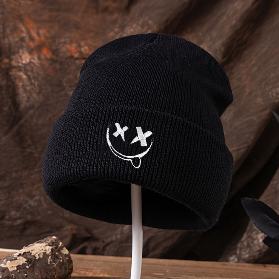 TEMU 1pc Knitted Beanie With Cuff, Cold Weather Hat, Face, Cross, White, Black, Fashionable And Versatile For Autumn/winter, 100% Acrylic, Hand