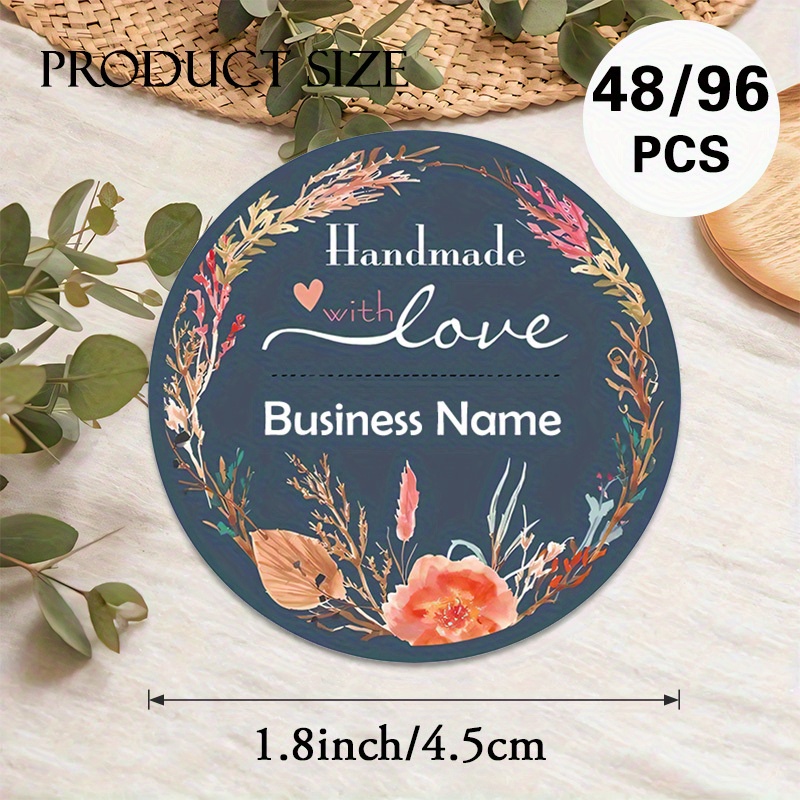 TEMU Custom 48/96pcs Handmade Business Round Stickers, Personalizable With Business Name, Floral & , Great For Handmade Product Packaging, Branding,