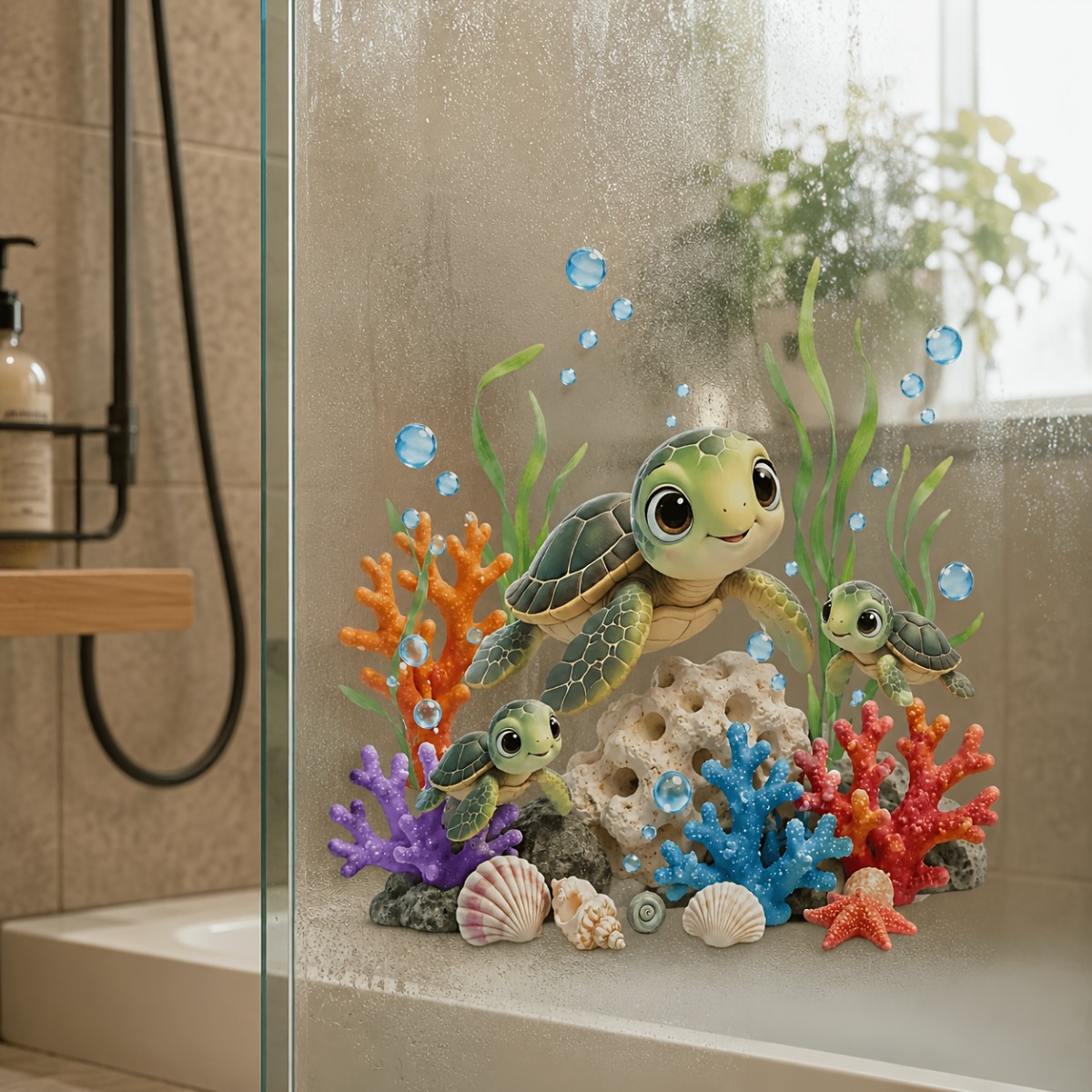 TEMU 2d Flat, 1pc Sea Turtle Coral Ocean Seashell Seagrass Bubble Window Cling, Suitable For Bathroom Shower Room Glass Doors And Windows, Home Decor
