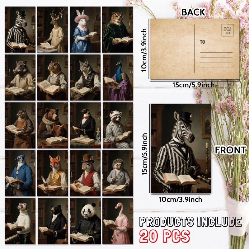 TEMU Upgraded Thick Paper 20pcs Vintage Oil Painting Animal Reading Postcard, Unique Everyday Gift For Family & To Congratulate Birthdays And Thank