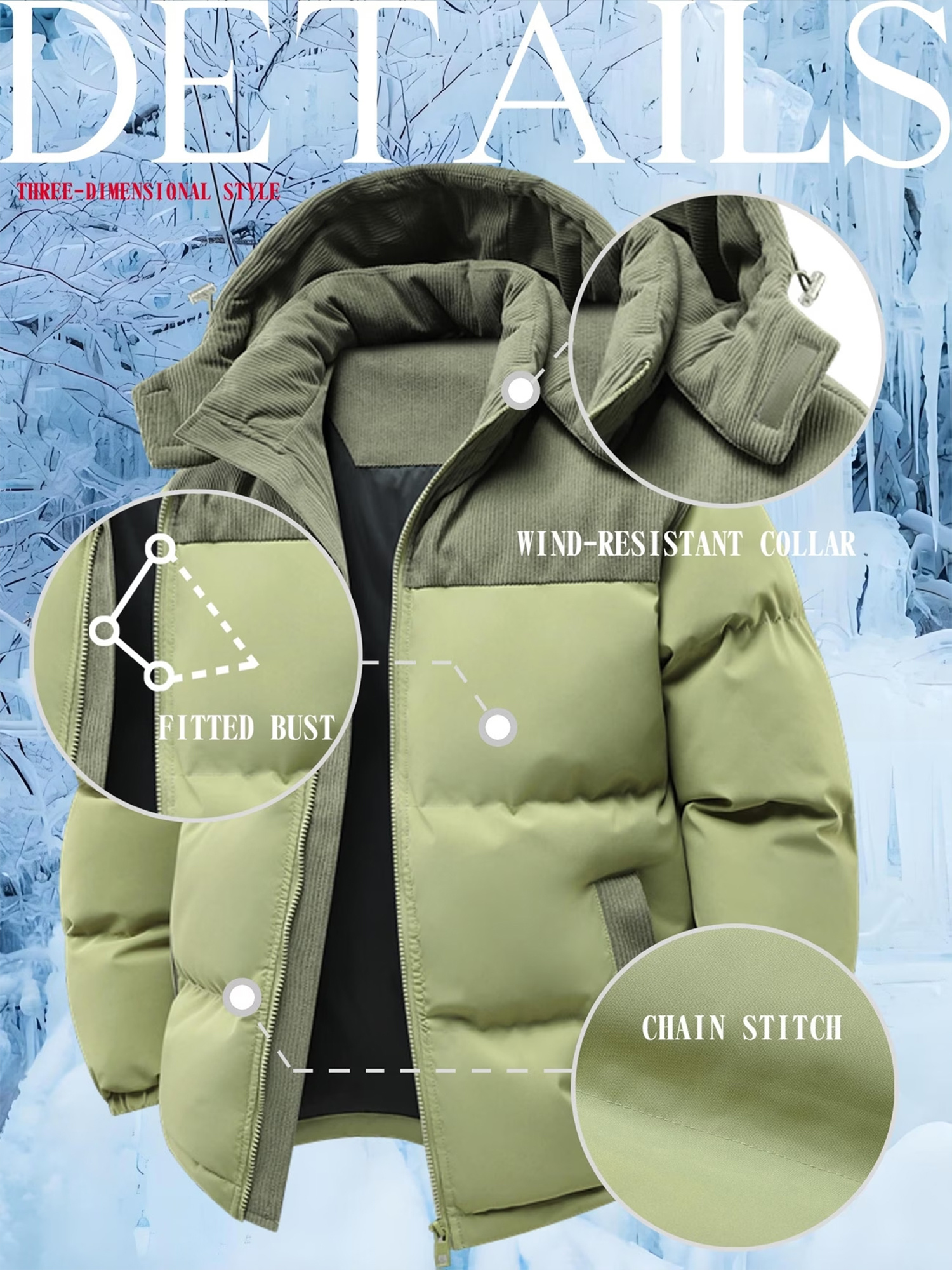 Men's Winter Hooded Corduroy Jacket with Mountain Pattern Print