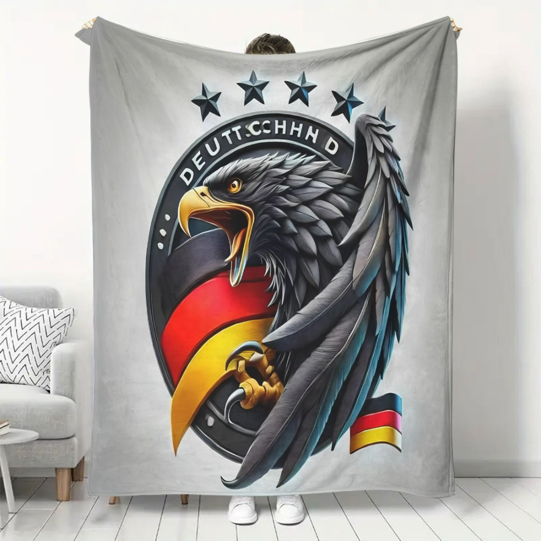 

1pc German Eagle Team Emblem Printed Soft Plush Throw Blanket, Knit Polyester 200-250gsm, Digital Printed Cozy Flannel For Sofa, Bed, And Travel