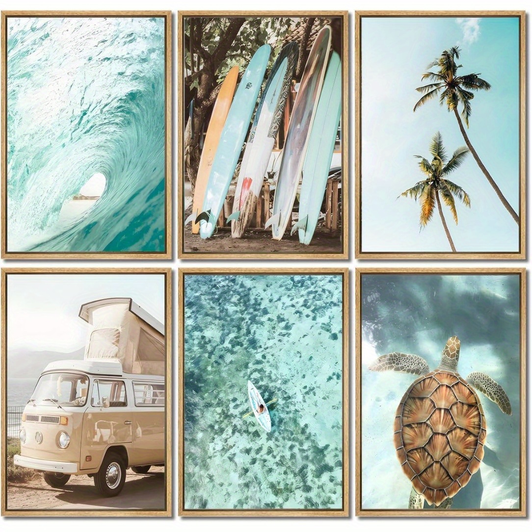 

6pcs Beach & Set - 8x10" Prints With Surf, Palm Trees, And Sea Turtles - Living Room Or Bedroom Decor