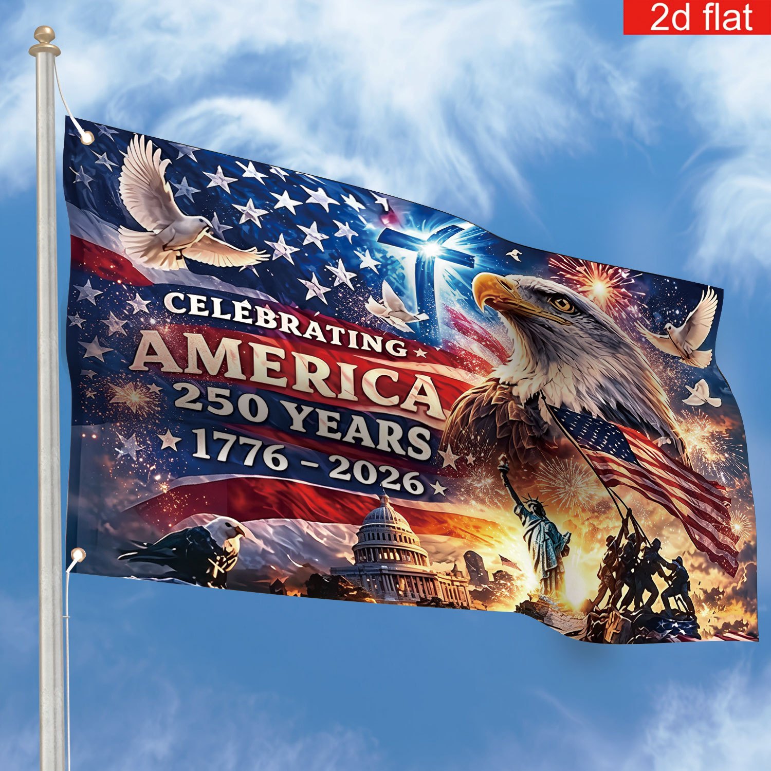 TEMU 2d Flat Banner, 1pc, Exquisite American Day Flag Banner, Polyester, 1776-2026, Bald Eagle Usa Flag Pattern, American 250th Anniversary And Day