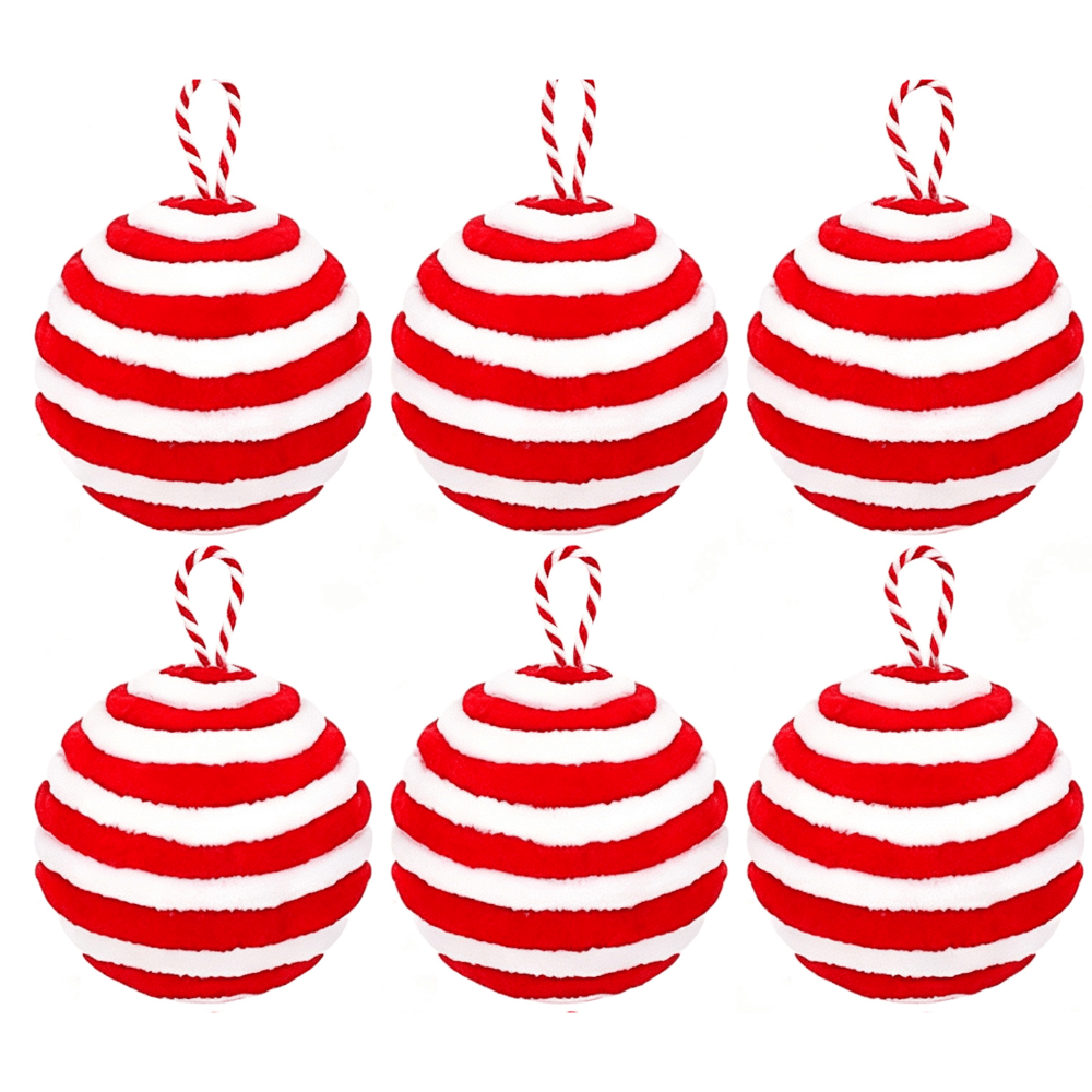 TEMU 6pcs, 6cm/2.36inch New Christmas Ornament Set, Red And White Striped Plush Hanging Ball Decorations, Festive Pendants And Hanging Ornaments,