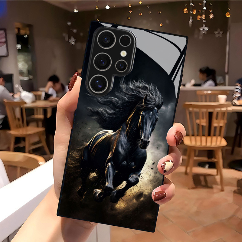 TEMU Phone Case - Black Horse Print Tempered Glass Phone Case, Suitable For Galaxy S26/s25/s24/s23/s22/s21/s20fe Series,