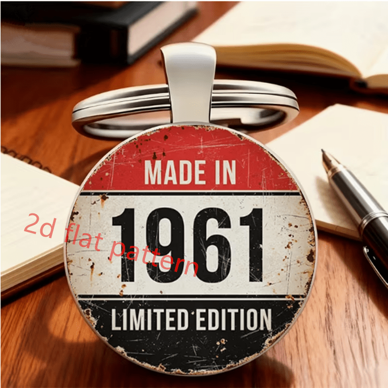 1pc 2d Round Alloy, 2d Flat Retro 1961 Edition Design Keychain. -- High-definition Printing Durable Iron- Alloy Keychain, Gift For , For Holidays, Birthdays, Christmas