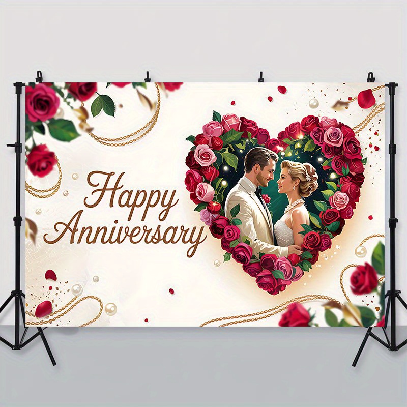personalized happy anniversary party banner - romantic couple design with heart-shaped roses & golden swirls, elegant cake table decor for weddings, birthdays, and celebrations, 90.5x70.8 inch polyester background, wedding decorations, celebration decor, heartshaped design, seasonal - arts, crafts & sewing