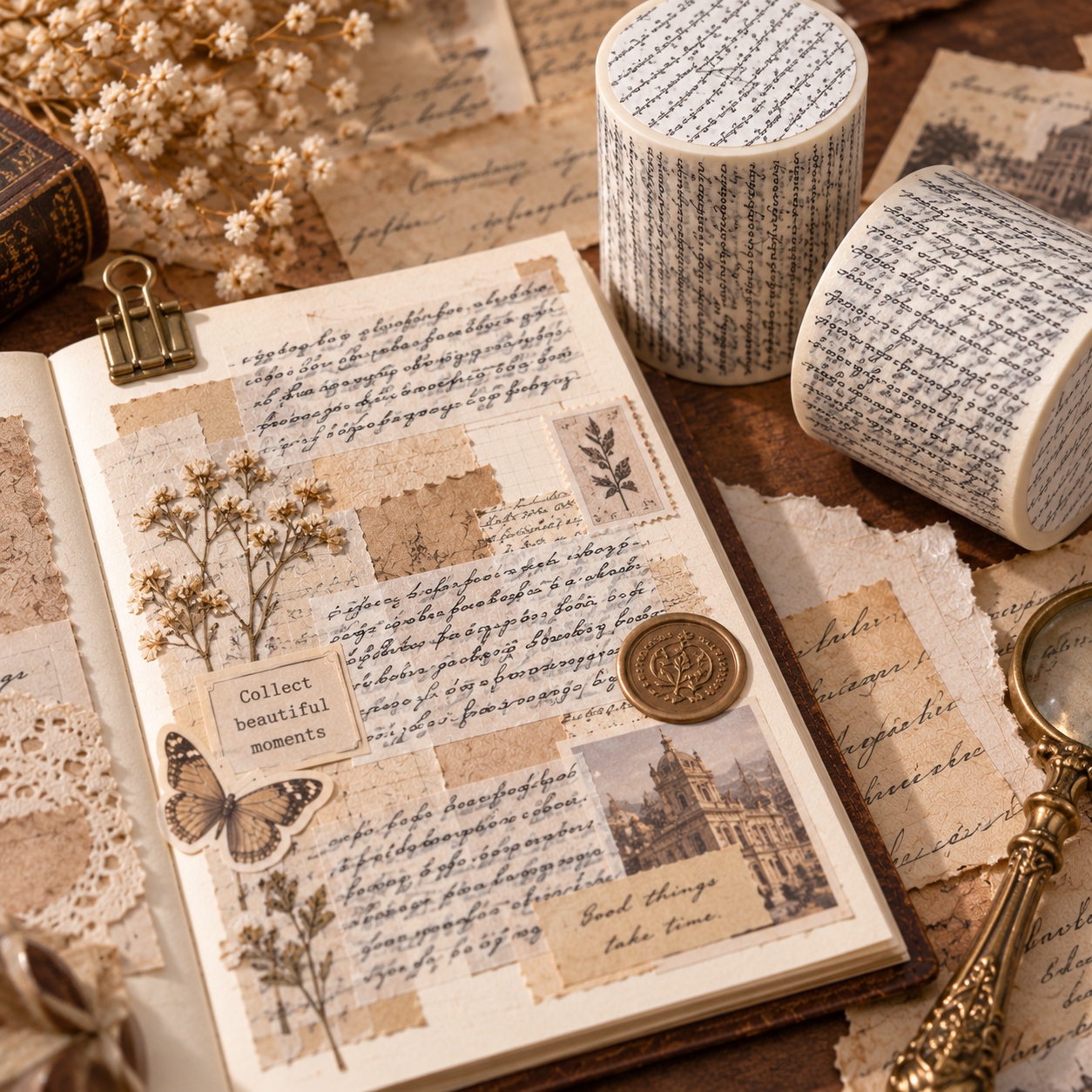 50mm x 8m per roll 2 rolls total aesthetic   decorative masking tape for junk journal 2 pack vintage script washi tape scrapbooking card making gift wrapping christmas decor crafts