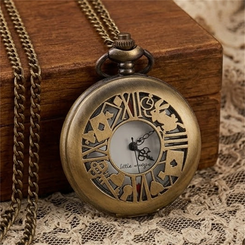 TEMU Men's Vintage Poker-themed Pocket Watch With Hollow Roman & Cover - Quartz Watch Suitable For Poker Parties, Casual Attire, Retro Gift For Poker