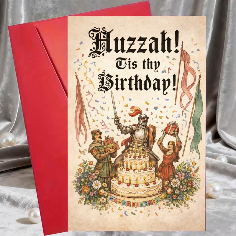 TEMU A Set With Envelope- Medieval-themed Birthday Cards Depicting A Knight Holding A Cake And Pieces Of Colored Paper, Declaring ", Happy Birthday!"