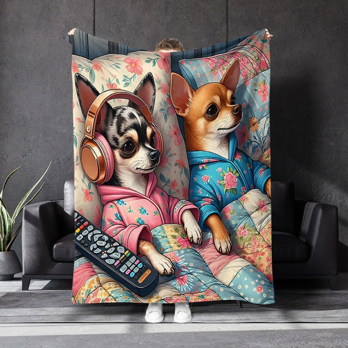 

Couverture en Peluche Imprimée Chihuahua Mignon - Jeté en Polyester Confortable pour Toutes les , Idéal pour Canapé, Voyage, Chambre, Voiture - Design Fantaisiste Floral & Musical, Literie Tricotée