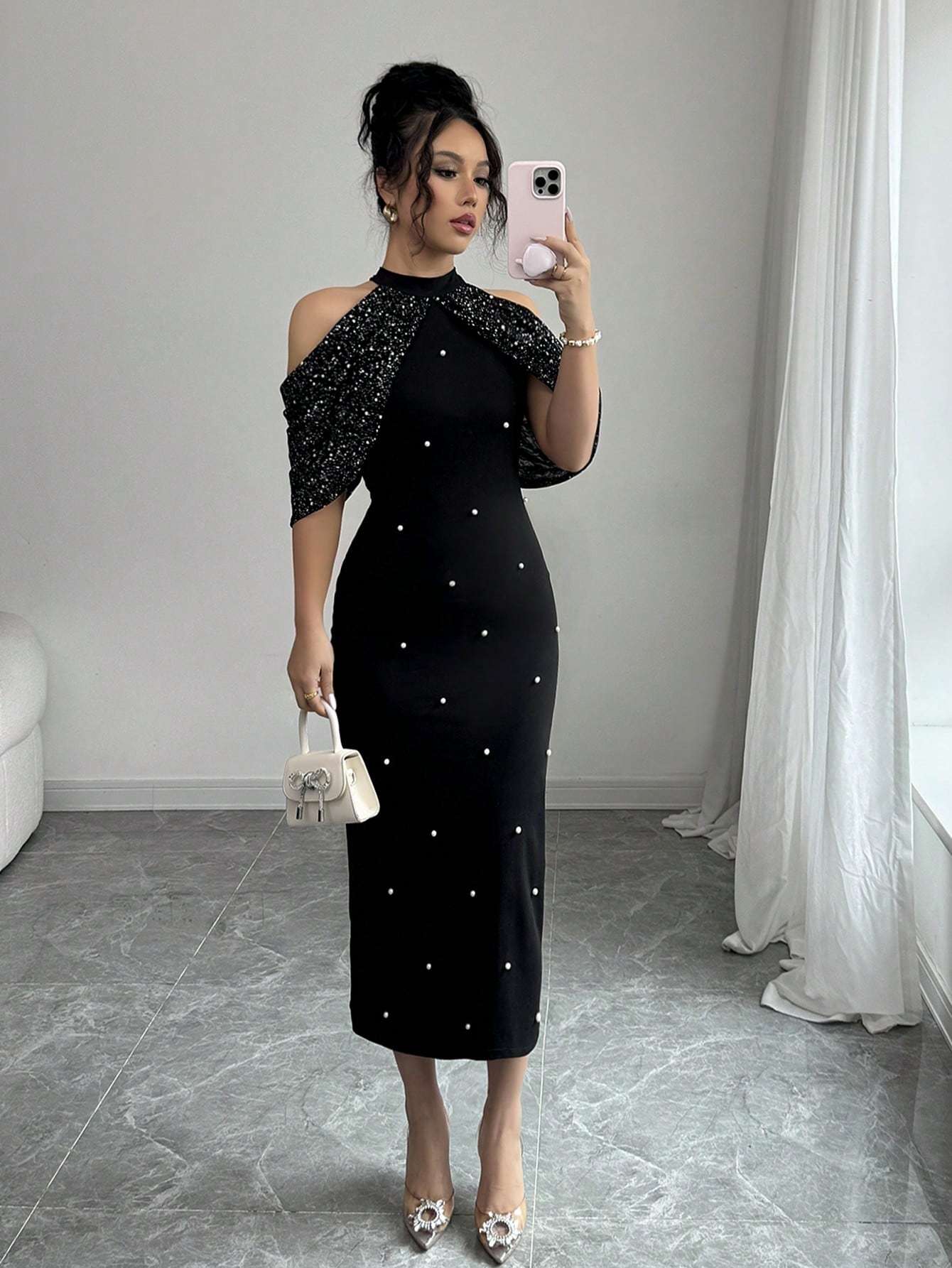 Vestidos Largos Con Perlas Modernos Elegante Vestido Punto Hombros