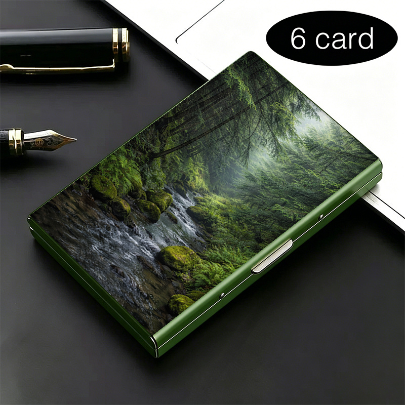 TEMU Portefeuille en métal haut de gamme avec carte RFID anti-vol, impression 2D, style forêt, ruisseau, , élégant, noir, avec multi-compartiments,