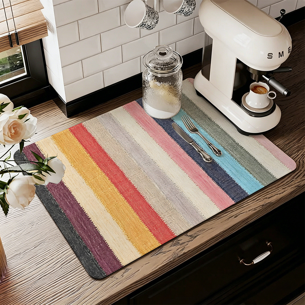 TEMU 1pc, Colorful Striped Pattern Dish Drying Mat/absorbent Placemat, Non-slip Rubber Backing, Suitable For Drying Dishes, Kitchen Use, Bar
