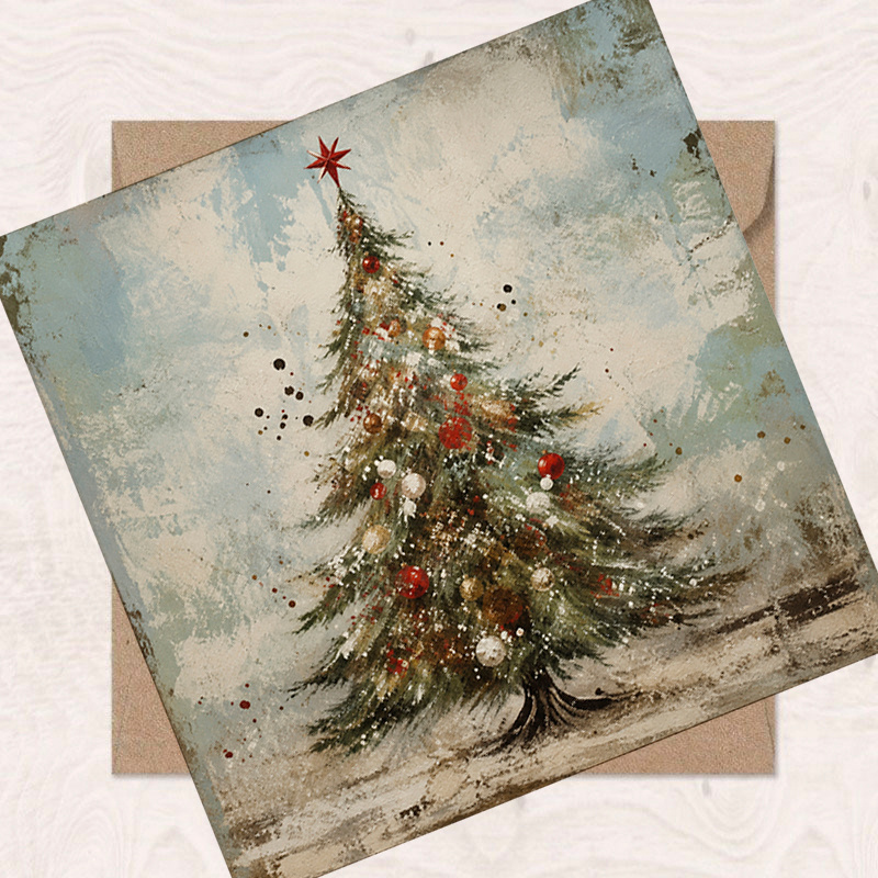 TEMU 2 Greeting 2 Envelope Vintage Oil Painting Style Christmas Tree Greeting Card, Festive Holiday Card, Exquisite Handwritten Greeting Card For