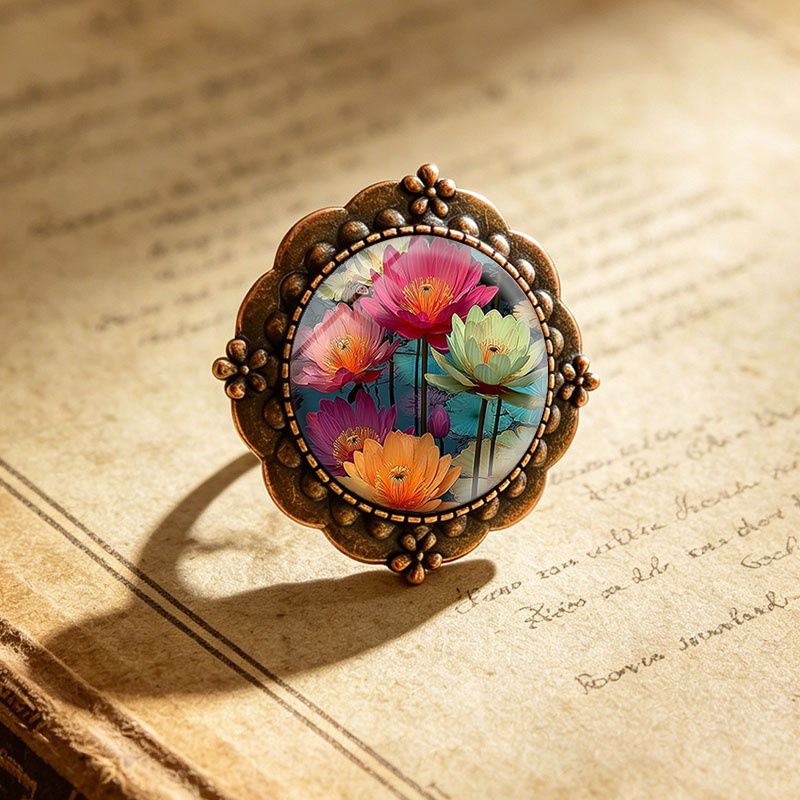 Colorful Water Lily Round Glass Flower Brooch, Fashion Accessory
