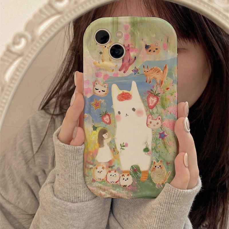 TEMU Phone Case - [2d Flat] Cute Oil Painting Rabbit Pattern Phone Case Suitable For Iphone 16 16pro 16promax 13 14 14pro 15 15pro 15promax Xsmax Xs