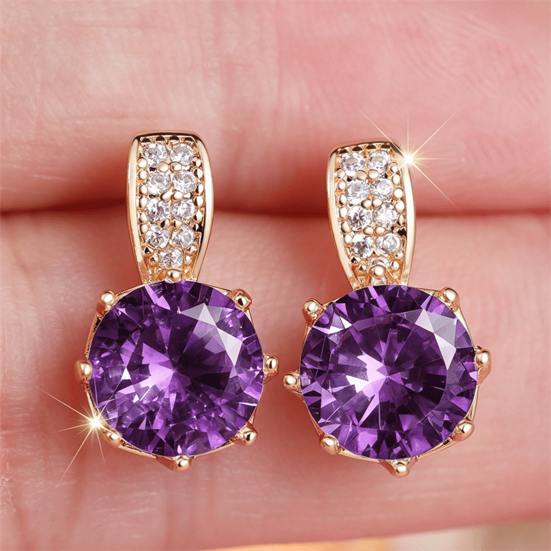 TEMU Boho Style Golden Color Round Cut Purple Stone Claw Earrings Synthetic Synthetic Zirconia Stud Earrings Valentine's Day Gifts Unisex