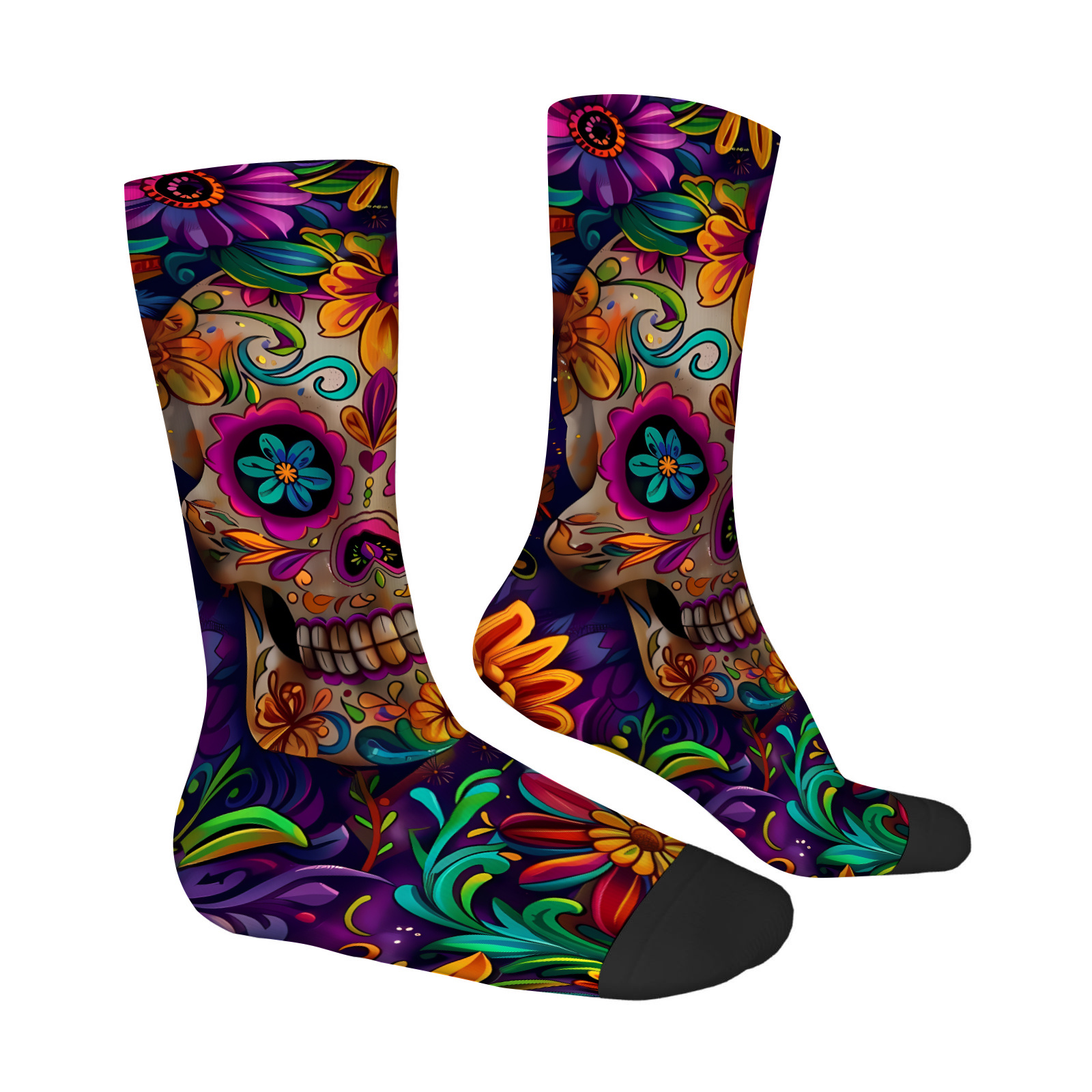 TEMU 1 Pair Unisex Mexican Calavera Sugar Skull Socks - 3d Printed Multicolor Design, Polyester-spandex Blend, Full-body Print (toes/heels) - 's