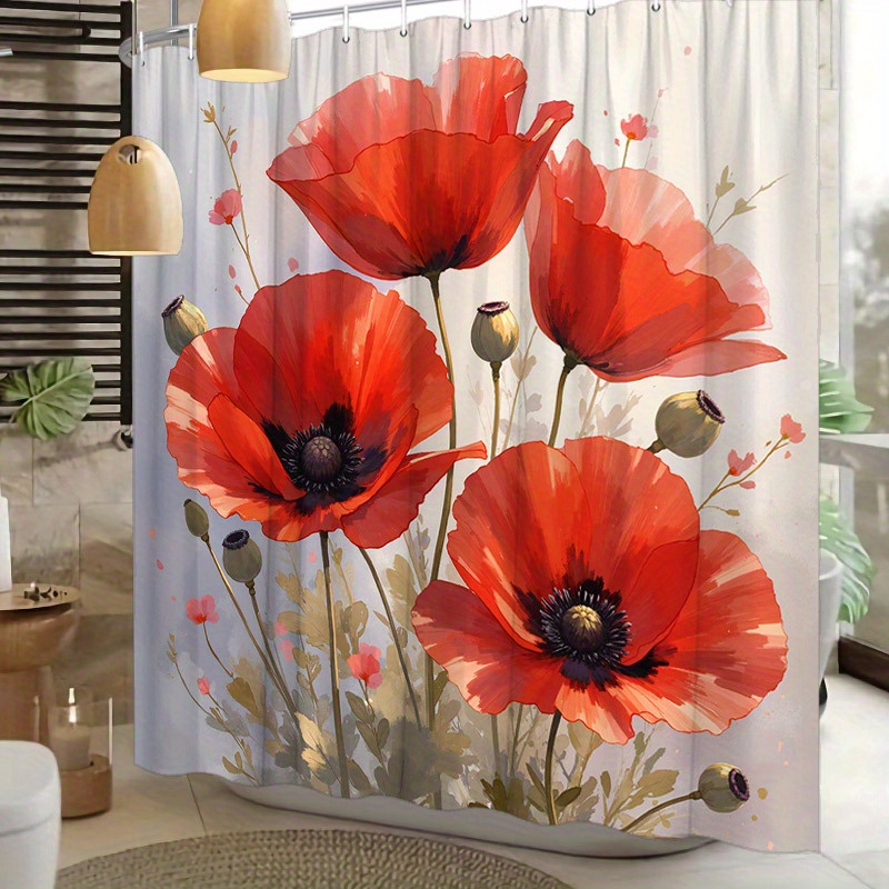 TEMU 1pc Vibrant Red Poppy Shower Curtain - Impressionistic With Black And Grey Background, Modern Bathroom Decor, Includes 12 Hooks, Polyester,