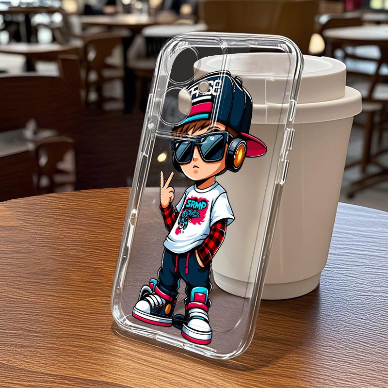 TEMU Phone Case - Trendy Cartoon Boy Pattern Black Hat Red Striped White T-shirt Blue Pants Phone Case For Xiaomi Redmi