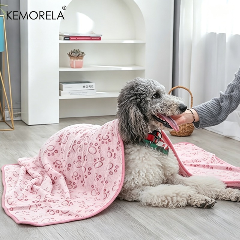 TEMU Kemorela Soft Flannel Pet Blanket For Dogs And Cats, Machine Washable Polyester, Thickened Warm And Comfortable, Paw Print Design, Dog Sleeping