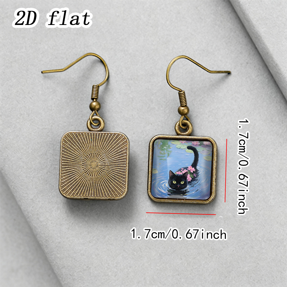 Women's 2D Flat Black Cat & Lotus Pond Square Dangle Earrings