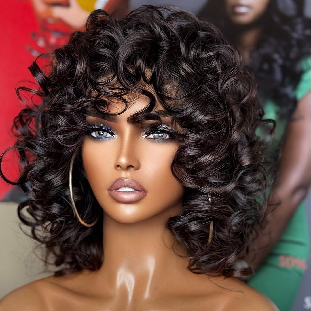 Elegant Curly Bob Wig for Women - 180% Density, Real Human Hair, Loose Bouncy Style with Bangs, Full Machine Made Rose Net Wig, Natural Look & Comfortable Fit, Everyday Curly Wig | Natural Look Wig | Real Human Hair Wig, Human Hair Wigs