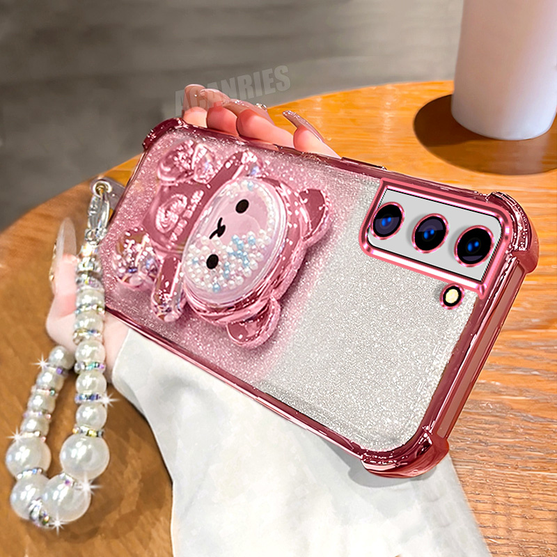 TEMU Phone Case - Cute Phone Case With Glitter Lanyard Chain Wrist Strap, Featuring A Quicksand Bead Bear Bracket And A Folding Stand Holder. It