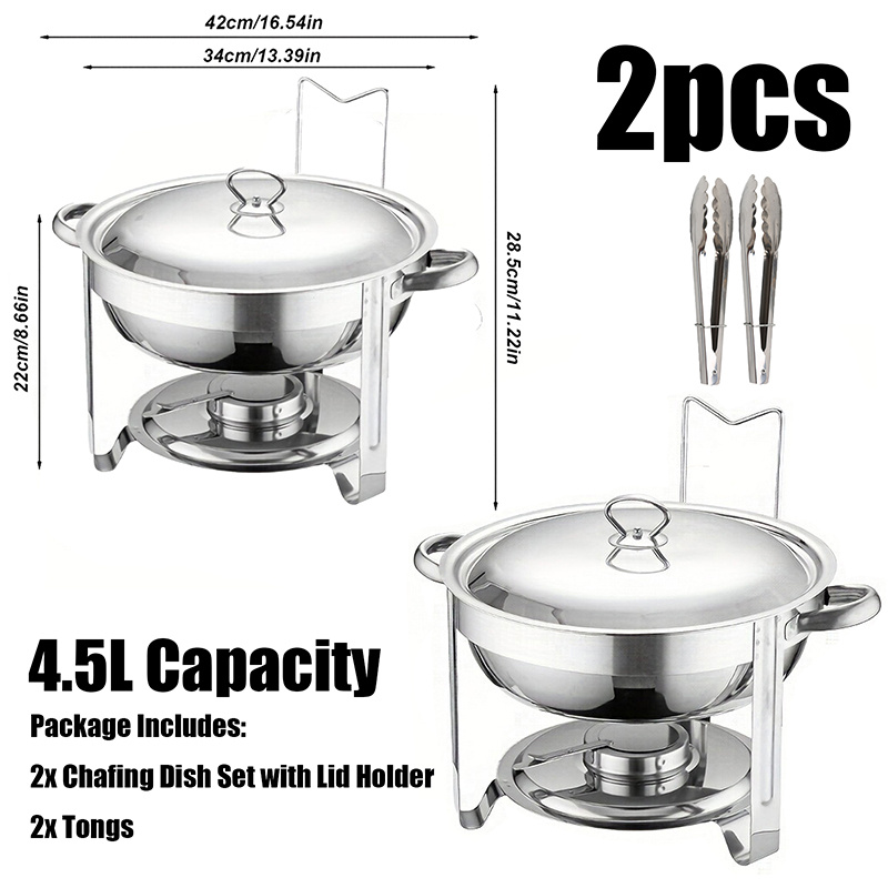 TEMU 2pcs 4. 5l Round Stainless Steel Chafing Dish Set With Lid And Tongs For Parties Catering Events, Cooking