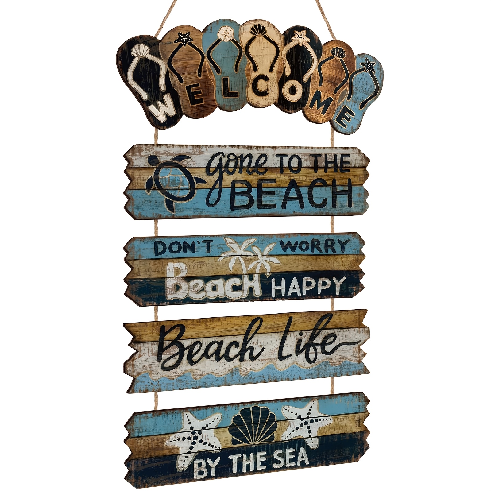 TEMU 5pcs Wooden Slipper Beach Sign Set, Hanging Coastal Welcome Wall Signs, Farmhouse Door Plaques, Suitable For Front Door Courtyard Bedroom