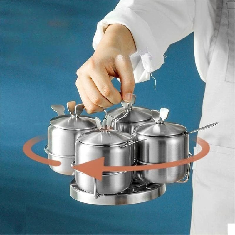 stainless steel spice jar set with revolving rack 12oz/350ml set of 4 seasoning box bottle with lids and spoons condiment jar canisters pots spice container salt sugar bowl for kitchen home Product details 1